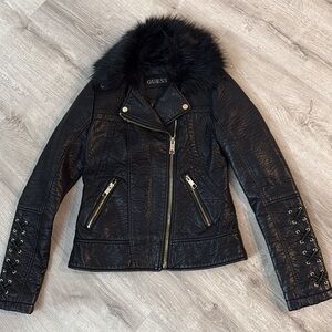 GUESS Black faux Leather Jacket with Faux Fur Collar